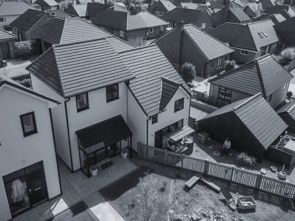 An elevated view across a site relevant to conventional modern homes near Leicester