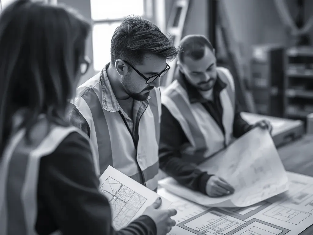 Two professionals working on floor plans near Leicester