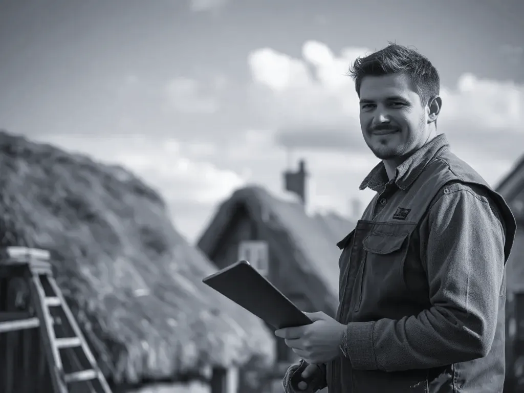 Two professionals working on thatched roofs near Leicester